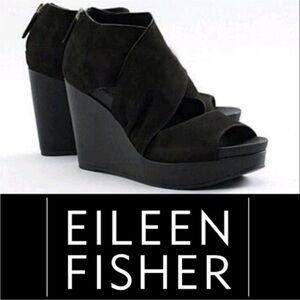 Eileen Fisher Draw black Nubuck suede wedge sandals with back zipper Size 9